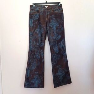 Cache - Brown, Aqua Blue & Gold Fleck Uniquley Patterned Bootcut Jeans. W-6 EUC